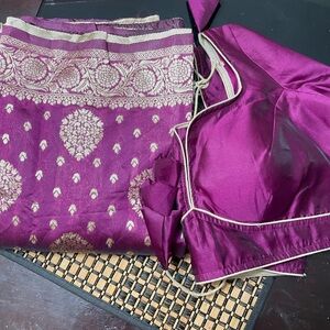 Purple and Gold Traditional Outfit Saree with readymade blouse